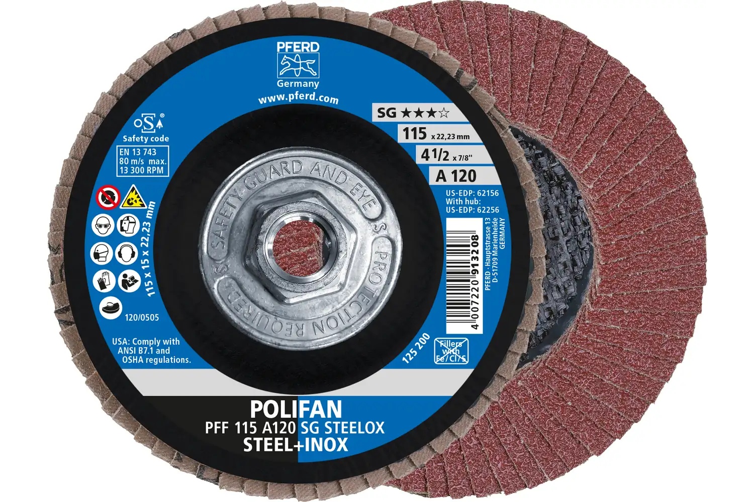 Picture of Pferd Flap Disc, 4-1/2" x 5/8-11, A SG Steelox, 120 Grit, T27, Flat, Aluminum oxide